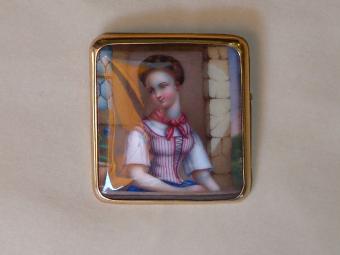 Antique Swiss Enamel Brooch with Portrait of Young Girl