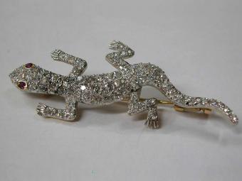 Glowing Lizard Pendant Pave Set with Diamonds and 2 Rubies