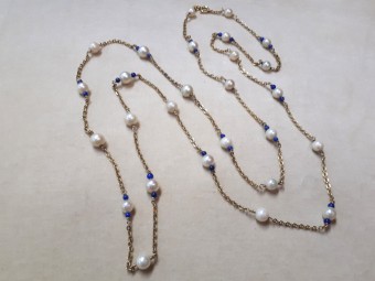 Antique Long Gold Necklace with Pearls and Tiny Lapis
