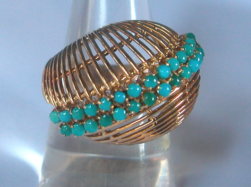 Uniquely Shaped Gold and Turquoises Ring