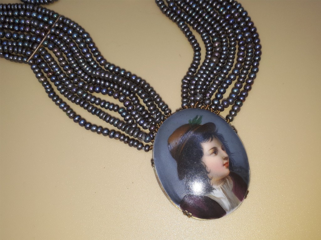 Grey Pearl Necklace with Porcelain Medallion Depicting Victorian Child