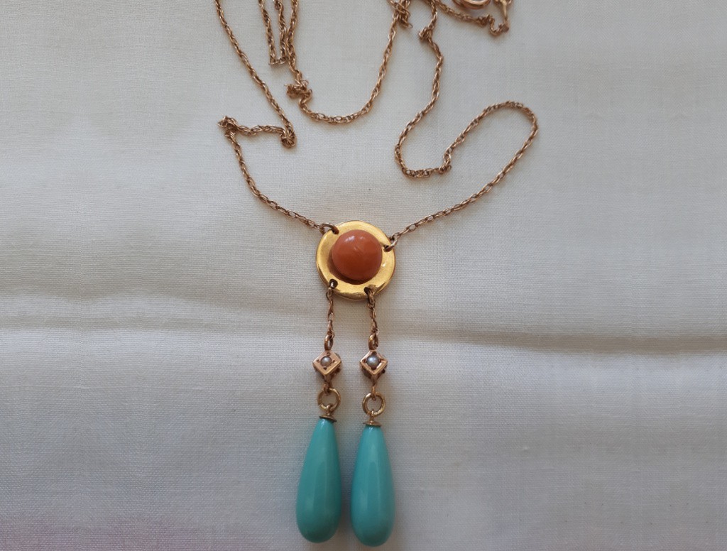 Gold Necklace with Corals, Turqouises and Antique Pearls