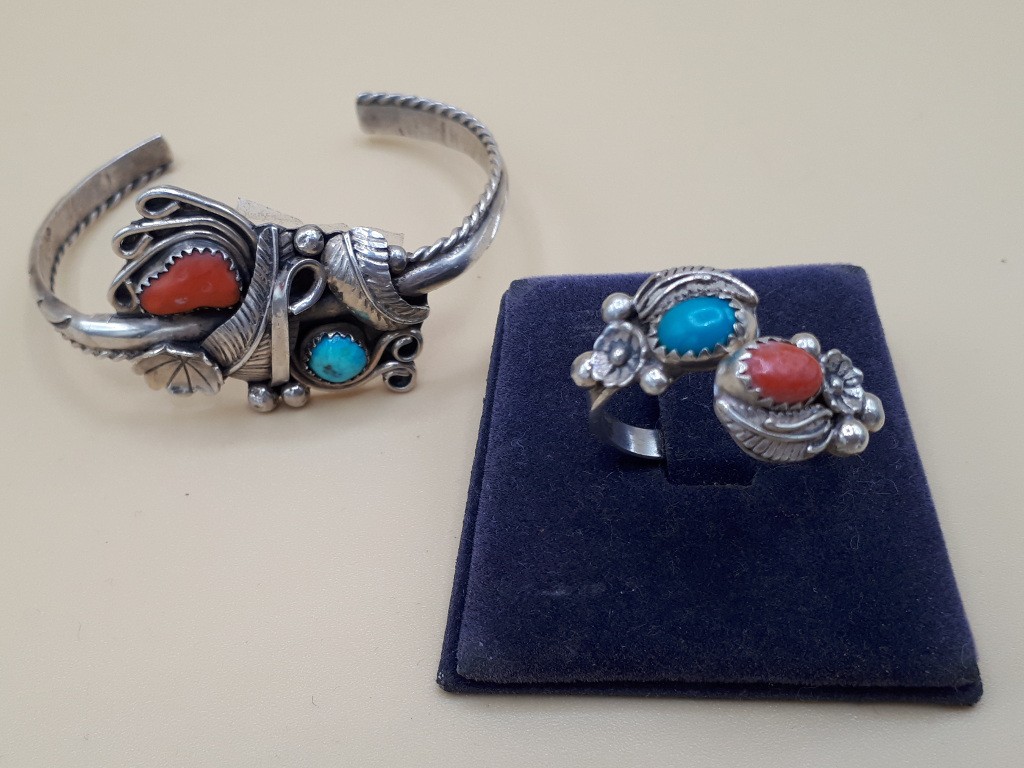 Native American Bracelet and Ring with Turquoise and Coral Stones