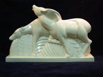 French Ceramic (Craquéle) Sculpture - Two Playing Dogs