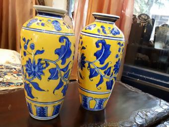 Pair of Chinese Ceramic Vases with Hand Drawn Decorations
