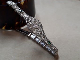 Art Nouveau White Gold Filigree Bracelet with Emeralds and Diamonds