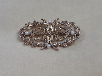 Antique Gilded Silver Brooch with Diamonds and Pearls