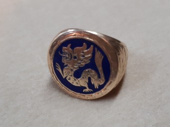 טבעת זהב לגבר ולאישה עם עיטור דרקון באמאייל כחול