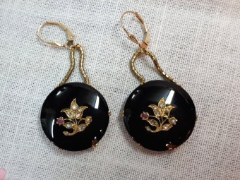 Antique Onyx Earrings with Rose Cut Diamonds